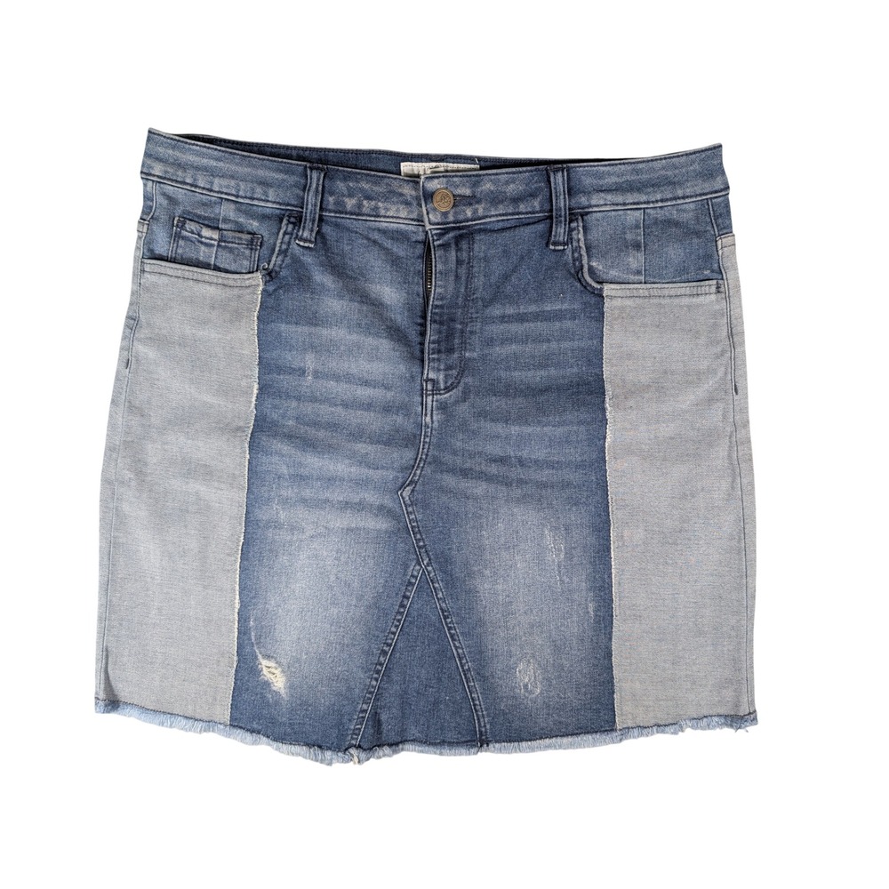 Libby Edelman Patchwork Denim Mini Skirt Blue Distressed Raw Hem Size Large